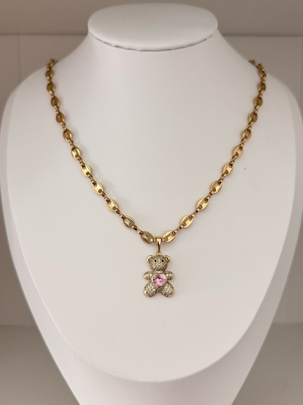 Gold-Tone Teddy Pendant Necklace with Pink Crystal Accent